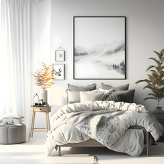 Fototapeta na wymiar Cozy modern bedroom interior with grey bed and decoration room on a grey or white wall background, Generative AI 
