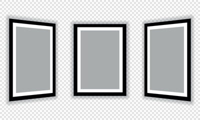 Photo frames, realistic mockup of square black and white frames, vector set. Empty frame for your design. Vector template for image, painting, poster, inscription or photo gallery