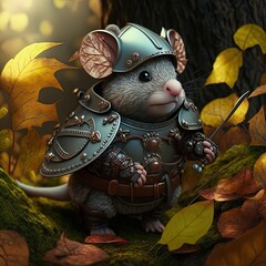  a mouse dressed in armor and holding a sword in a leafy area with a tree in the background and leaves on the ground in the foreground.  generative ai