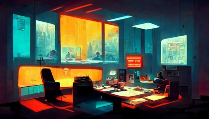cyberpunk styled office room design illustration