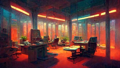 modern cyberpunk styled office room design illustration