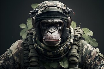 Portrait of a chimpanzee dressed in a military tactical uniform, generative ai - obrazy, fototapety, plakaty