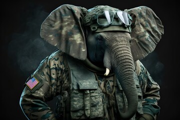 Fototapeta na wymiar Portrait of an elephant dressed in a tactical military outfit, generative ai