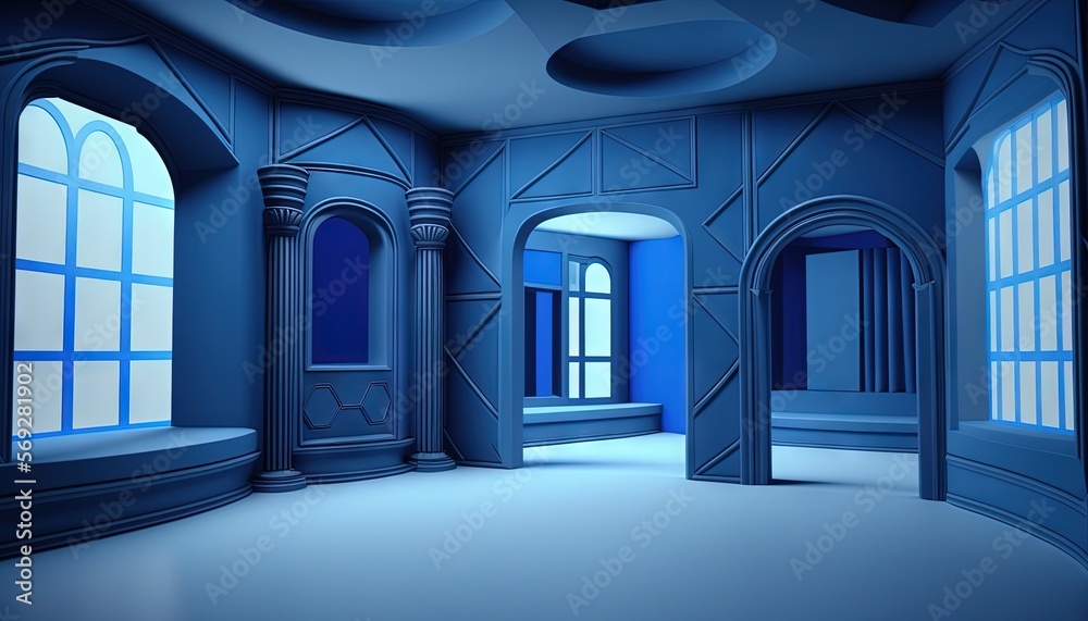 Poster  a blue room with arched windows and a door leading to another room that has a window and a door leading to another room with a door.  generative ai