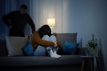 father and daughter teenager in  living room in  evening,  concept of problems in family