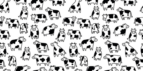 Cute Cow Hand-Drawn Illustration Vector Seamless Pattern Nursery Black and White Design