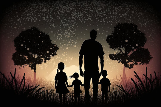 Silhouette von Vater mit seinen Kindern an Vatertag, Generative AI