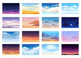 Sky at different times of day, daily cycle illustration. Beautiful sky in morning, day and night cartoon vector illustration