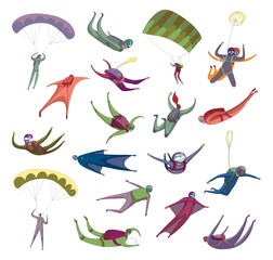 People skydiving and parachuting in sky set. People enjoying freedom during extreme sport cartoon vector illustration
