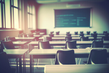 Empty defocused university classroom. generative ai. Business conference room. Blurred school classroom without students with empty chairs and tables