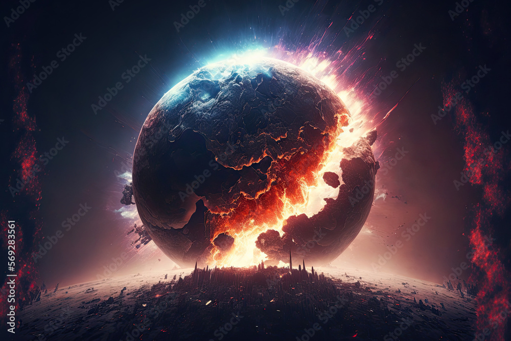 Sticker explosion of a planet in outer space from a collision with a meteorite. concept of catastrophe catac