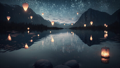 sky lantern on a starry night created by generative AI