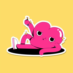 Cute funny flat love illustrations. Bright pink vector sticker pack with hearts with faces in love. Self love. Valentine's Day illustrations bundle.  Posing with the lighter.