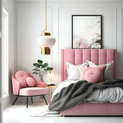 Cozy modern bedroom interior with pink bed and decoration room on a pink or white wall background, Generative AI
