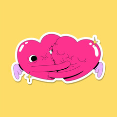 Cute funny flat love illustrations. Bright pink vector sticker pack with hearts with faces in love. Self love. Valentine's Day illustrations bundle. Angels hug.