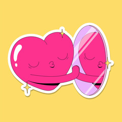 Cute funny flat love illustrations. Bright pink vector sticker pack with hearts with faces in love. Self love. Valentine's Day illustrations bundle. Kissing mirror.