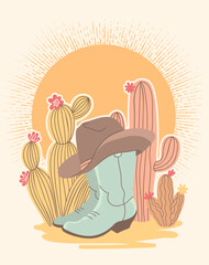 Cowboy boots and cactuses vector American Countryside illustration. Vintage Western color illustration cowboy boots and hat in tender colors style. Vector Country farm cowboy symbol. - 569284332
