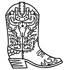Cowboy boot with Wild West decoration vector illustration. Vector American cowboy boot with bull skull and horseshoe decor black white graphic design isolated on white for coloring book or print. - 569284347