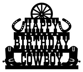 Happy birthday cowboy party vector illustration. Vector cowboy party text with cowboy boots and horseshoes. Happy birthday cake topper for cake.
