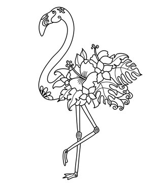 recommend clip art: Flamingo black line style for coloring book. Vector flamingo with tropical flowers decoration isolated on white background for print.