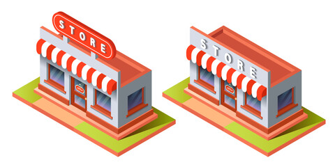 Shop with two windows. Isometric shop with a sign. Vector 3d clipart.