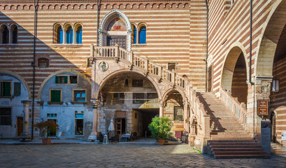 Gothic staircase of Palace of Reason(Palazzo della Ragione), historic Palace of Verona, located between Piazza delle Erbe and Piazza dei Signori. Verona,Veneto region in northern Italy - Europe