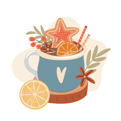 Hot Christmas Cacao decorated with oranges, lemon and anis stars. Vector illustration