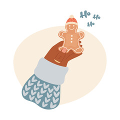 Woman hand holding a gingerbread cookie. Vector illustration