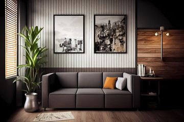 Two orange armchairs and a poster for the modern living room interior design, using wood wall panelling. A sideboard, pendant lamps, coffee tables, a window and parquet. Mockup. 3d rendering
