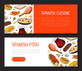 Spanish cuisine landing page templates set. Delicious traditional dishes of Spain horizontal web banners cartoon vector
