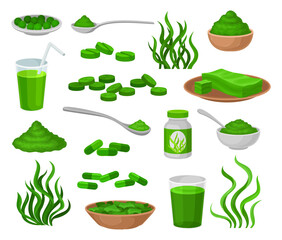 Spirulina, organic superfood products set. Algae, pills, powder, pills, cocktail cartoon vector illustration