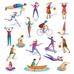 Fototapeta na wymiar Set of people doing different sports set. Male and female athletes playing, running, doing sports exercise. Physical activity and healthy lifestyle concept cartoon vector