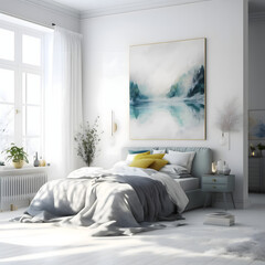 Cozy modern bedroom interior with white bed and decoration room on a white or white wall background, Generative AI
