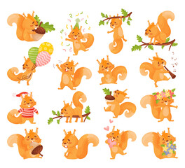 Fototapeta premium Cute squirrel character in different activities set. Funny adorable fores animals with red furry tail cartoon vector illustration