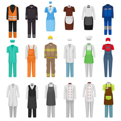 Workwear uniform collection. Doctor, chief cook, maid, waiter, builder and construction workers professional garments cartoon vector illustration