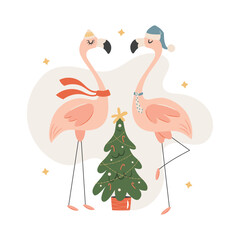 Two dancing flamingos celebrating Christmas. Vector illustration