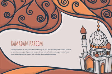 Ramadan kareem background template with mosque illustration in hand drawn design