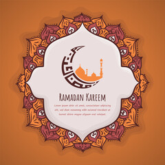 Ramadan kareem background template with orange mandala in hand drawn design