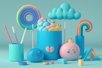  a group of toys that are in a blue container with a rainbow on top of it and a rainbow on the top of the container.  generative ai