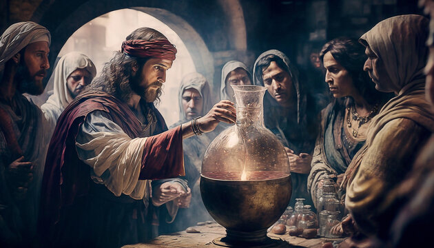 Illustration representing the wedding at Cana with Jesus turning water into wine - AI generative