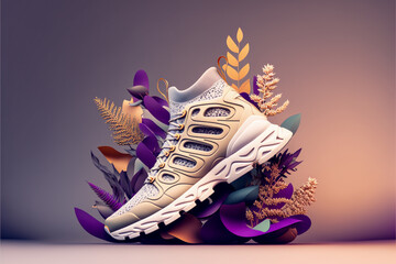 3d rendering super realistic shoes with botanical elements. Generative AI background - obrazy, fototapety, plakaty