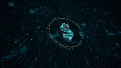 Motion graphic of Blue digital money logo crypto currency concept and futuristic technology circle HUD with circuit board and data transfer on abstract background perspective - Powered by Adobe
