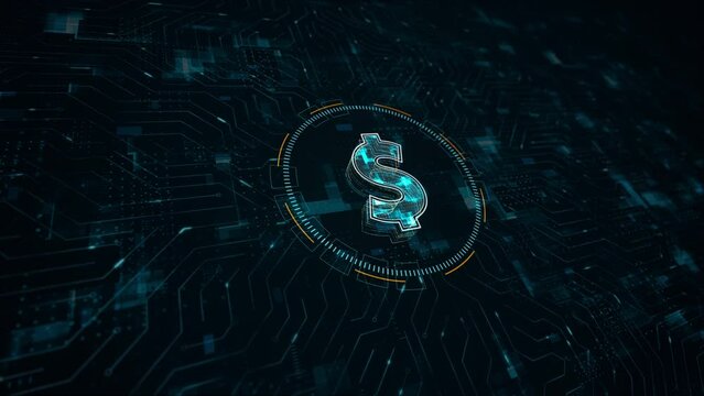 Motion graphic of Blue digital money logo crypto currency concept and futuristic technology circle HUD with circuit board and data transfer on abstract background perspective