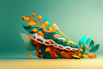 3d rendering super realistic shoes with botanical elements. Generative AI background - obrazy, fototapety, plakaty