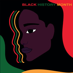 Black history month. Abstract African woman face on black background with green, yellow and red shapes. Hand drawn. African American History. Celebrated annual.