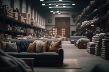Naklejka na ściany i meble warehouse interior in logistic and transport, cardboard boxes and produts, generative by AI
