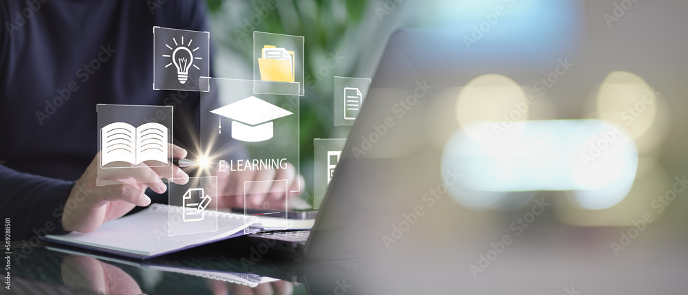 Poster concept of online education. man use online education training and e-learning webinar on internet fo