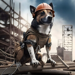 worker dog in front of a building, engineer dog working