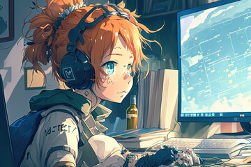 Anime girl programming. AI generated.