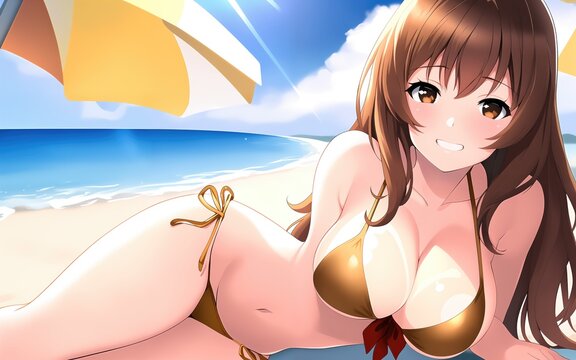 A beautiful and sexy anime girl at beach. Generative AI